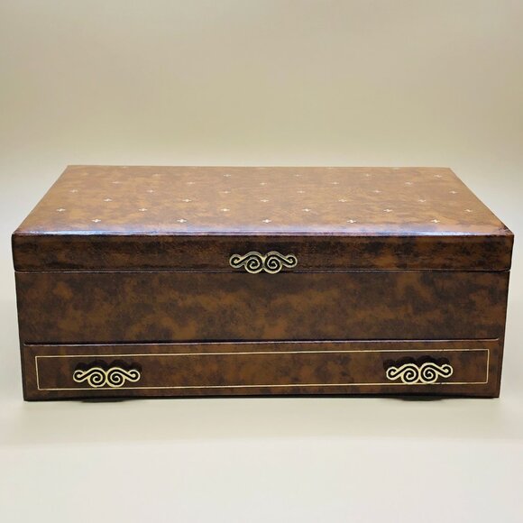 Vintage 60s Jewelry Chest Dresser Box with Drawer: Brown Vinyl Orange Lining - Picture 2 of 10